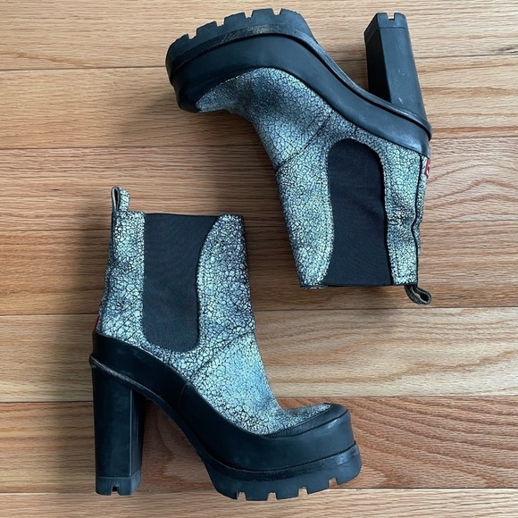 Hunter Shoes - HUNTER Original White Black Cracked Leather Platform Heeled Chelsea Boots UK 5